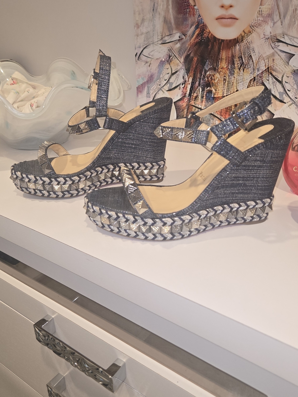 Christian Louboutin Cataclou Metallic Blue & Silver Studded Espadrille Wedges - Picture 2 of 5